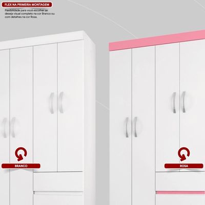 Guarda Roupa Solteiro 4 Portas E 2 Gavetas Almirante Branco-rosa-branco Branco-rosa-branco