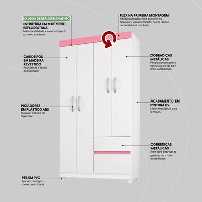 Guarda Roupa Solteiro 4 Portas E 2 Gavetas Almirante Branco-rosa-branco Branco-rosa-branco