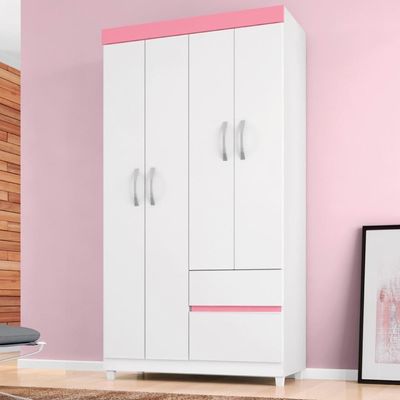 Guarda Roupa Solteiro 4 Portas E 2 Gavetas Almirante Branco-rosa-branco Branco-rosa-branco