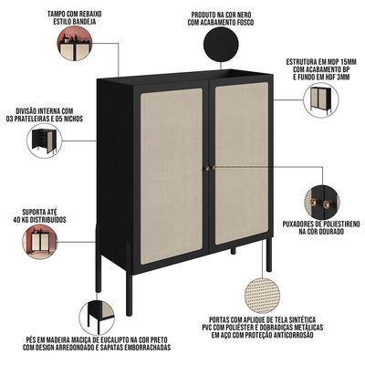 Armário Bar Para Sala 2 Portas 93cm Pés Madeira Moss A03 Nero Preto - Lyam Decor
