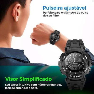Relogio Digital Led Infantil Silicone Preto Criança + Caixa Kids Adolescente Original Criança Alarme