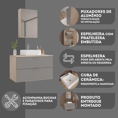 Conjunto Gabinete Banheiro Rubi 80cm - Gabinete + Cuba + Espelheira Madeirado Cinza