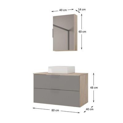 Conjunto Gabinete Banheiro Rubi 80cm - Gabinete + Cuba + Espelheira Madeirado Cinza
