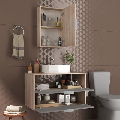 Conjunto Gabinete Banheiro Rubi 80cm - Gabinete + Cuba + Espelheira Madeirado Cinza