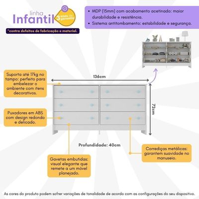 Cômoda Infantil 136cm Com 6 Gavetas Multimóveis Mp4336 Branco Branco