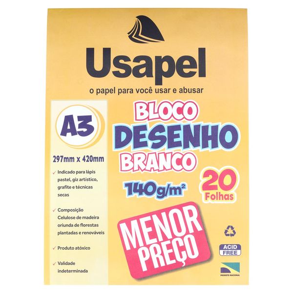 Bloco de Desenho Usapel A3 com 20 Folhas Branco 297x420mm 140g