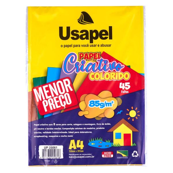 Bloco Criativo Usapel A4 com 45 Folhas em 8 Cores 210x297mm 85g