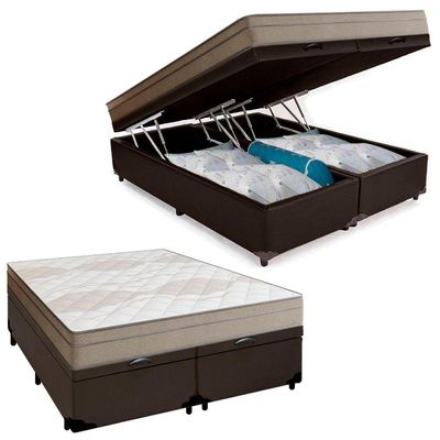Cama Box Baú Casal Bipartido Sintético + Colchão De Molas Ensacadas Portobel Ipanema 138x188x66cm Marrom