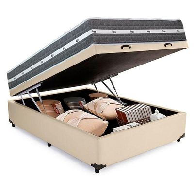 Cama Box Baú Casal Sintético + Colchão Anjos Black Graphite Molas Ensacadas 138x188x64cm Bege