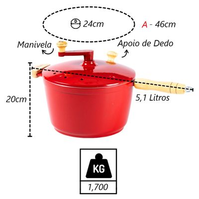 Pipoqueira Alumínio Vermelha Pipoca Doce Salgada 5100ml 24cm