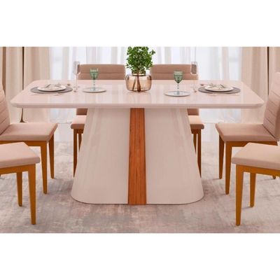 Mesa De Sala Jantar Ryze C- Tampo Madeirado Vidro Curvo 180x100cm Off White-freijó-off White - Dj Móveis