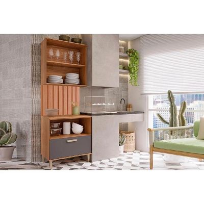 Cozinha Completa Bella 3 Peças S- Portas (1aéreo+1balcão+1painel Ripado) 80cm Freijo-titanium - Mgm