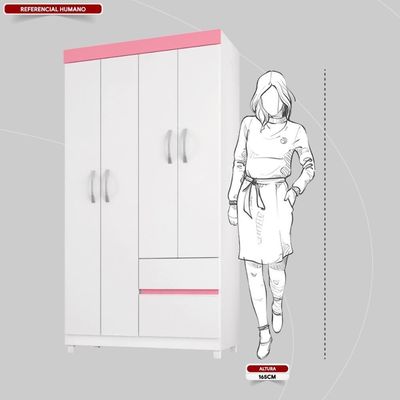 Guarda Roupa Solteiro 4 Portas E 2 Gavetas Almirante Branco-rosa-branco