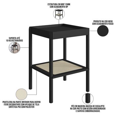 Kit 02 Mesas Lateral Para Sala de Estar Pés Madeira Moss A03 Nero Preto - Lyam Decor