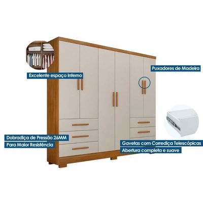 Guarda Roupa Casal 6 Portas (2 C- Espelho) E 6 Gavetas C- Pés Encanto-berlim Cumaru-fendi