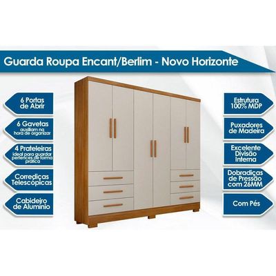 Guarda Roupa Casal 6 Portas (2 C- Espelho) E 6 Gavetas C- Pés Encanto-berlim Cumaru-fendi