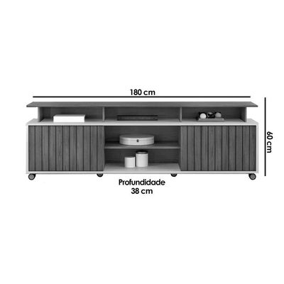 Rack Bancada Para Tv Até 70 Polegadas Olimpic Ripado Com Nichos E Rodizios 180x60cm Freijó-off White - Dj Móveis