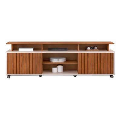Rack Bancada Para Tv Até 70 Polegadas Olimpic Ripado Com Nichos E Rodizios 180x60cm Freijó-off White - Dj Móveis