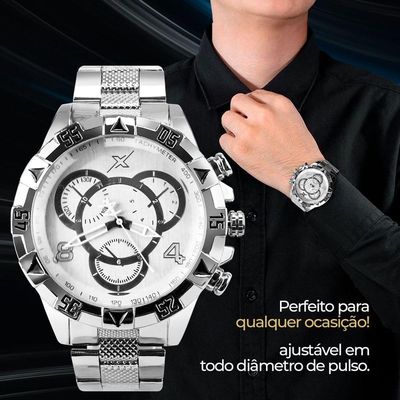 Relogio Masculino Prata Aço Inoxidável + Caixa Premium Original Casual Pesado Grande Social Ponteiro