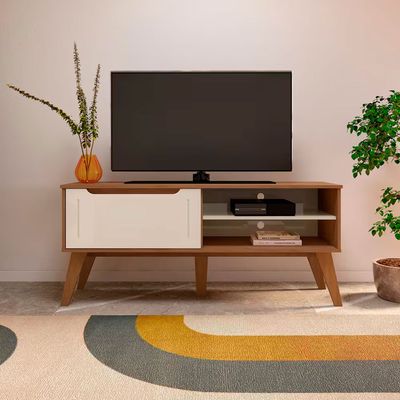 Rack Artely Lotus com 1 Porta e 2 Nichos 134cm de Largura Ideal para TV de até 60 Polegadas Bege e Branco