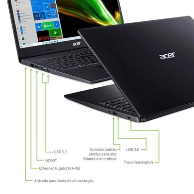 Notebook Acer A315-23-R6M7 AMD Ryzen™ R5 3500U 8GB 256GB SSD Tela 15,6" Windows 10 Preto