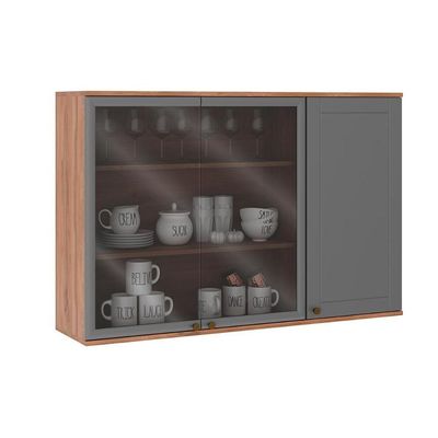Armário Aéreo Para Cozinha Bella 2600 Com 3 Portas (2 Com Vidro) 120cm Nogal-cinza - Carraro