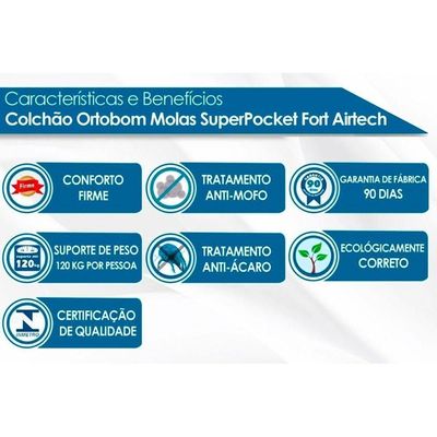 Colchão Solteiro Molas Ensacadas Superpocket Airtech Spring Ortopillow (78x188x25) - Ortobom
