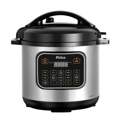 Panela de Pressão Elétrica Philco PPP80 Multifuncional com 12 Funções Painel Digital e Timer Programável 1200W 8 Litros Inox com Preto / 110V