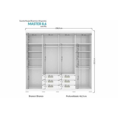 Guarda Roupa Casal 8 Portas (2 C- Espelho) E 6 Gavetas C- Pés Master 8.6 Jatobá
