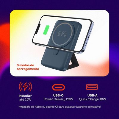 Carregador Portátil Geonav PB10MAGSG 20000 mAh com USB-A e USB-C para Celulares e Dispositivos Eletrônico Cinza