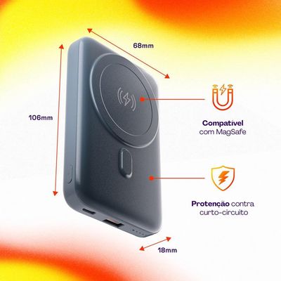 Carregador Portátil Geonav PB10MAGSG 20000 mAh com USB-A e USB-C para Celulares e Dispositivos Eletrônico Cinza