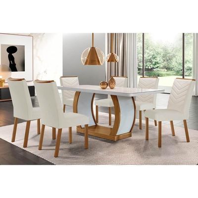 Sala De Jantar Completa Jade Tampo Madeirado C- Vidro Canto Curvo 180x90cm E 6 Cadeiras Londrina Imbuia-off White - Suede Creme - Rufato