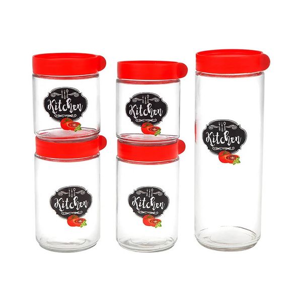 Conjunto de Potes para Mantimentos Casambiente Kicthen de Vidro com Tampa Vermelha com 5 Peças Conjunto de Potes para Mantimentos Casambiente Kicthen de Vidro com Tampa Vermelha com 5 Peças
