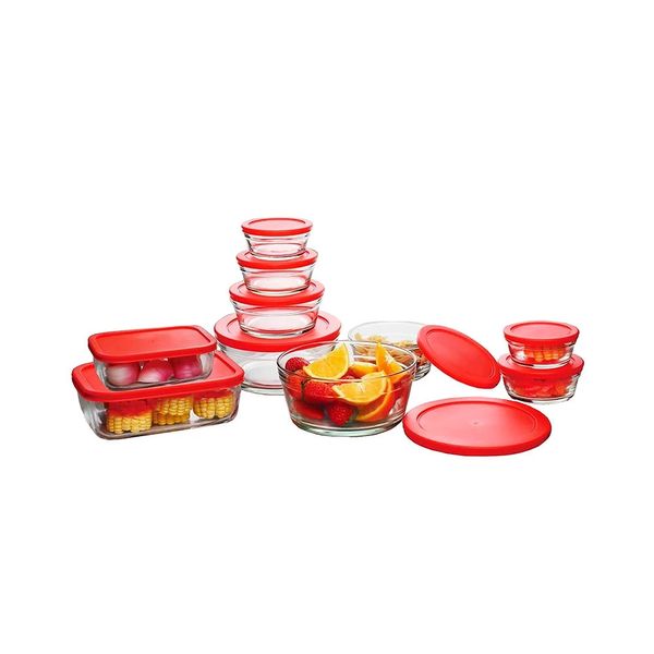 Conjunto de Tigelas Casambiente em Vidro com Tampa Vermelha Copo Americano com 10 Peças Conjunto de Tigelas Casambiente em Vidro com Tampa Vermelha Copo Americano com 10 Peças