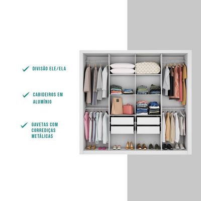 Guarda Roupa Casal 8 Portas 4 Gavetas Espelho 1096 Carraro - Branco Branco