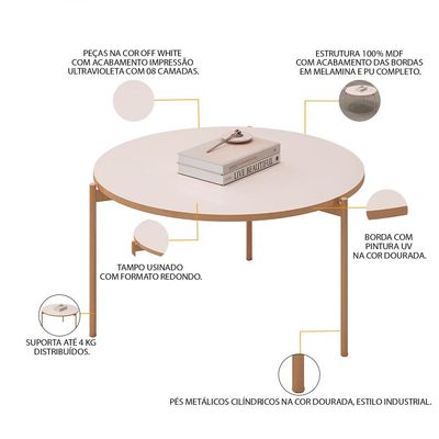Kit Mesa de Centro Redonda Ellie e Mesa de Centro Trina D05 Off White - Lyam Decor