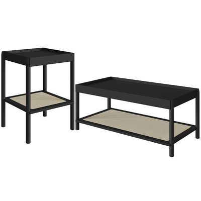 Conjunto Mesa de Centro e Mesa Lateral Para Sala Pés Madeira Moss A03 Nero Preto - Lyam Decor