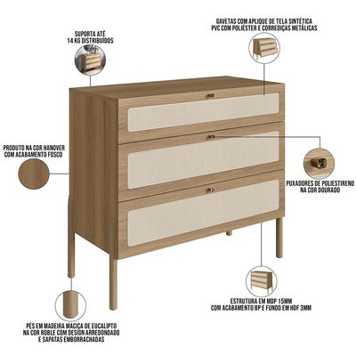 Cômoda Com 03 Gavetas Para Quarto Closet Pés Madeira Moss A03 Hanover Roble - Lyam Decor