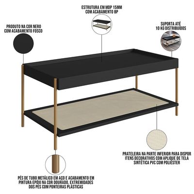 Mesa de Centro Para Sala de Estar Industrial Indy A03 Nero Dourado - Lyam Decor