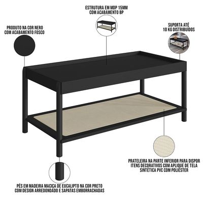 Mesa de Centro Para Sala de Estar Pés Madeira Moss A03 Nero Preto - Lyam Decor
