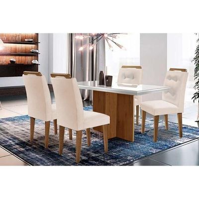 Sala De Jantar Completa Berlim C- Tampo Madeirado Vidro Canto Curvo 120x80cm E 4 Cadeiras Imperatriz Imbuia-off White - Suede Creme - Rufato
