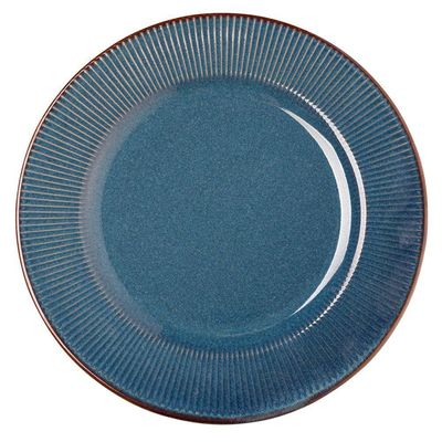 Jogo 2 Prato Raso De Jantar Ceramica Azul Linear Rústico 27cm Lyor