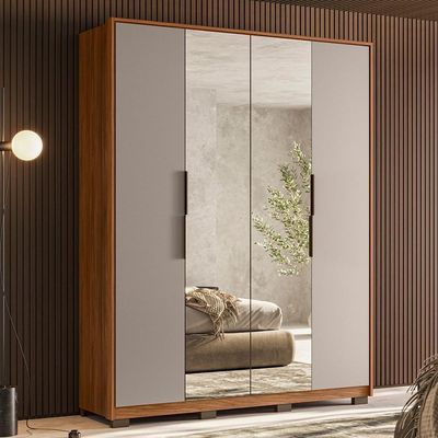 Guarda Roupa Casal Attore 4 Portas Nogueira-nude Prime Tx Com 2 Espelhos E Pés