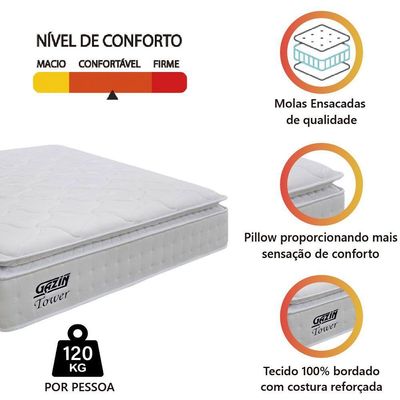 Colchão Casal Queen Molas Ensacadas Gazin Com Pillow Tower New 158x198x35cm Branco Branco