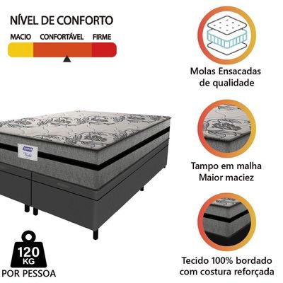 Cama Box Baú Casal Queen Colchão Gazin Com Molas Ensacadas Rubi 158x198x73cm Suede Cinza/Preto