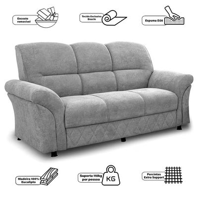 Sofá 3 Lugares Cama inBox Mourato com 187cm de Largura e Revestido em Bouclé Cinza Claro