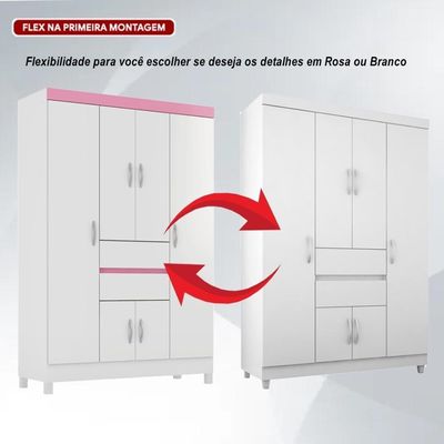 Guarda Roupa Solteiro 6 Portas E 2 Gavetas Ecom Ii Branco-rosa-branco Flex Branco