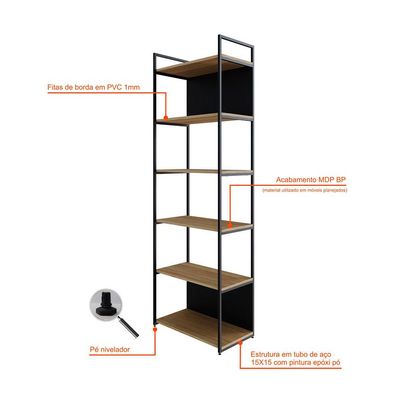 Estante com 4 Prateleiras e 2 Nichos Brooklyn Vermont e Preta 60 cm