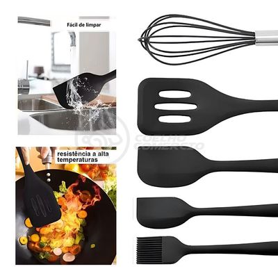 Kit 5 Utensílios De Silicone Para Cozinha Conjunto Resistente A Altas Temperaturas (preto)