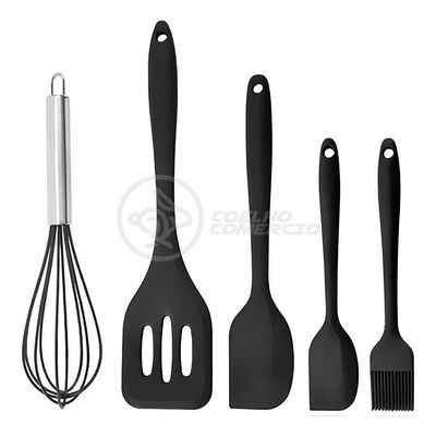 Kit 5 Utensílios Jogo De Cozinha Peças De Silicone Espátulas Batedor Manual E Pincel - Preto